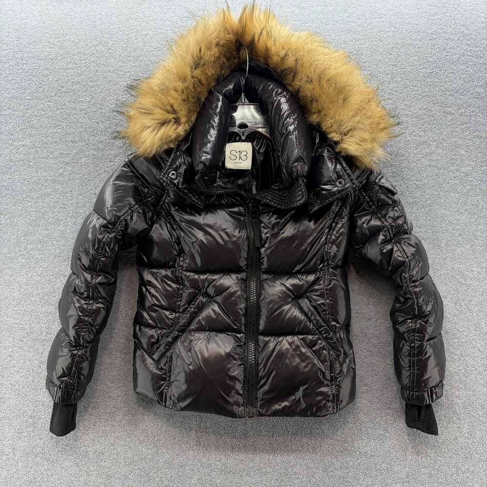 S13 Puffer Jacket Youth Girls 8 Black Hooded Faux Fur Trim Winter Coat